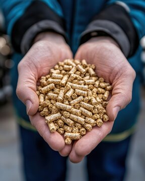 A person holds a handful of small, cylindrical wood pellets, symbolizing eco-friendly fuel or animal bedding.