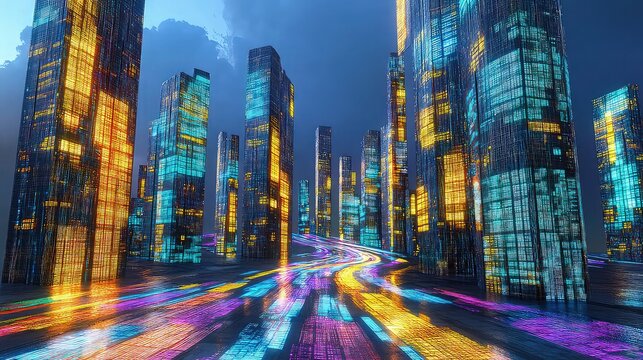 A futuristic landscape of skyscrapers made entirely of glowing data streams, with vibrant data rivers flowing through the streets, symbolizing the power of big data in modern cities - Powered by Adobe