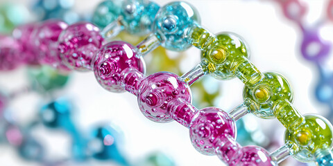 Colorful dna double helix rotating and forming with glass and liquid