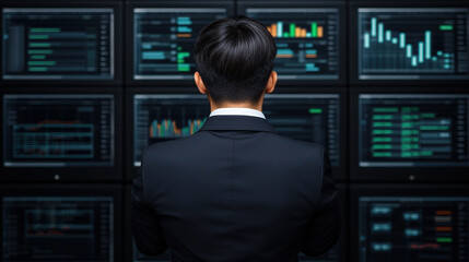 professional analyzing multiple glowing data dashboards, focused on financial trends and market analysis. scene is dynamic and high tech, reflecting modern business environment
