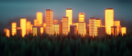 A vibrant city skyline at dusk, featuring illuminated buildings against a soft, blurred foreground of grass.