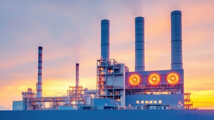 Obraz premium A modern industrial power plant silhouetted against a vibrant sunset, showcasing smokestacks and illuminated machinery.