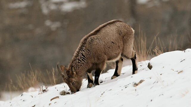 Himalayan Ibex young kid eating grass off a frozen snow covered ground in the Himalaya mountain 