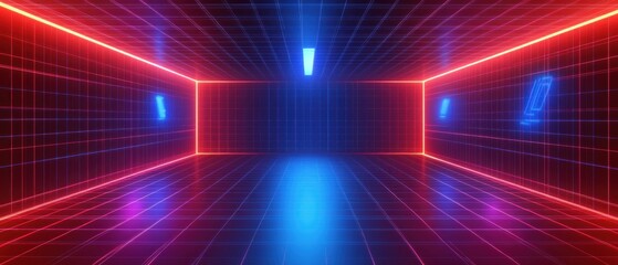 Obraz premium Abstract futuristic neon grid room with red and blue glowing lines and geometric shapes, concept of virtual reality, cyberspace, and digital technology