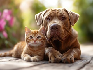 Obraz premium A dog and a cat lying together in a serene outdoor setting.