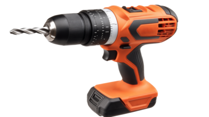 Orange and black cordless drill with drill bit on transparent background