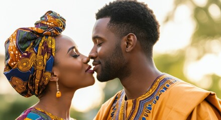 Romantic moment between african couple in traditional attire displaying cultural connection and love