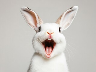 Obraz premium A cute white rabbit is joyfully smiling, showing its fluffy fur and large, expressive ears against a neutral background.