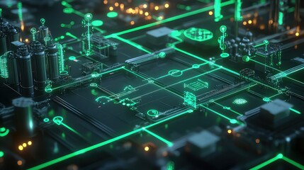 A futuristic network of factories interconnected by glowing green lines representing sustainable energy and resources, with data points showing the environmental impact at each stage of production