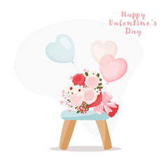 Illustration of a bouquet of flowers and heart-shaped balloons placed on a chair, with 