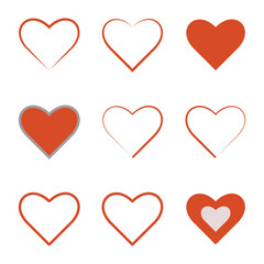Heart icons. Vector flat style illustration set collection of 9 hearts isolated on a white background - contour, red silhouette, and broken heart. High-quality full editable eps file is available.