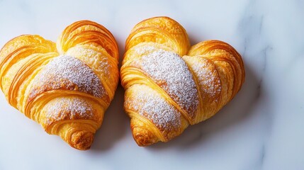 Two heart-shaped croissants dusted with powdered sugar.