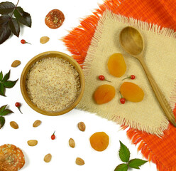 Apricot kernel protein layout on white background