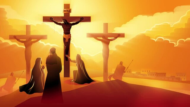 Biblical motion graphic series. Way of the Cross or Stations of the Cross, twelfth station. Mary the Mother of Jesus, John the beloved disciple and Mary of Magdala at the Crucifixion 