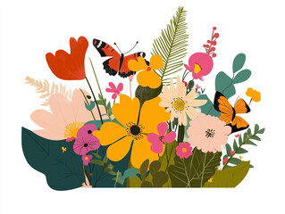 Colorful flower garden with a butterfly and a red butterfly