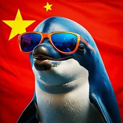 Blue orca looking cool wearing sunglasses China flag background 