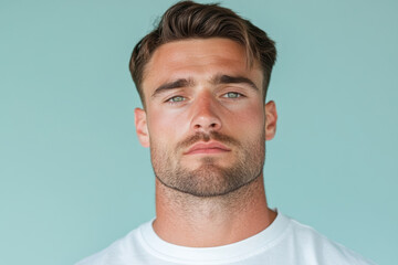 Fototapeta premium Handsome Caucasian young adult man in white shirt with confident expression against blue background