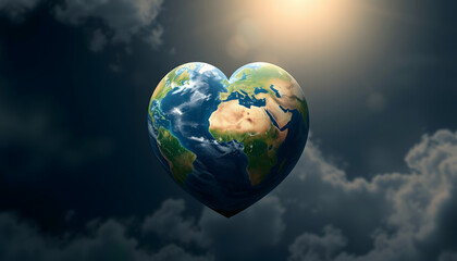 Naklejka premium Planet earth in heart shape, earth day, dramatic, with white tones