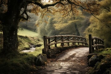 Scenic view of a charming wooden bridge over a stream, surrounded by colorful autumn foliage and a tranquil misty atmosphere