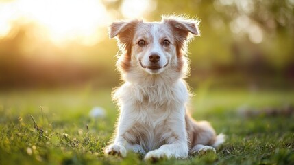 Fluffy Dog Sitting Proudly With Its Paws In Front at Sunset