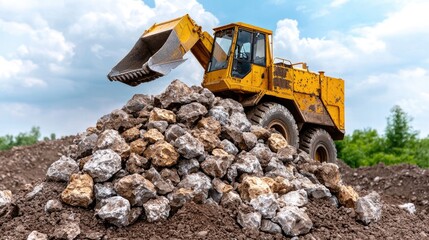 Obraz premium Yellow excavator loading rocks at quarry site