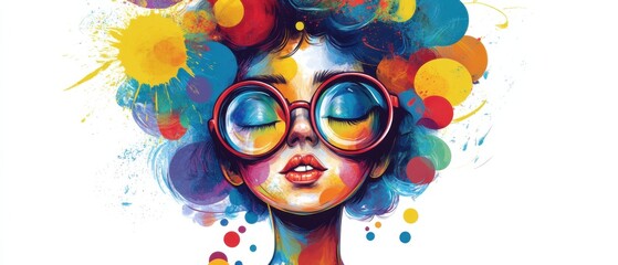 Fototapeta premium Artistic portrait of a young woman with closed eyes wearing red glasses, surrounded by colorful paint splatters and circles Concept of creativity, imagination, and abstract art