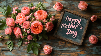 Mother's day celebration with pink roses and chalkboard design for cards and posters