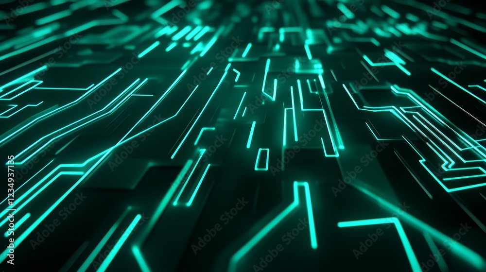 Poster abstract digital background with glowing teal lines creating a circuit-like pattern, ideal for tech 