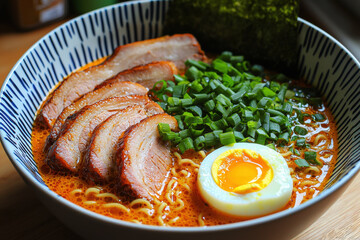 Hot ramen bowl with slices of pork, soft-boiled egg, and green onions on a wooden countertop
