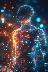 Glowing Digital Human Figure with Neon Lights and Cosmic Particles in Futuristic Technology Concept
