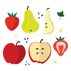 Colorful illustration with fruits and floral elements on white background.