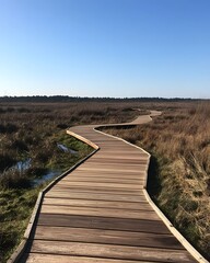 Wooden Boardwalk Path Through Serene Flanders Moss Nature Reserve Landscape