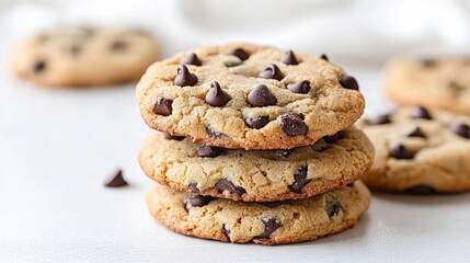 Delicious chocolate chip cookies stacked on white background