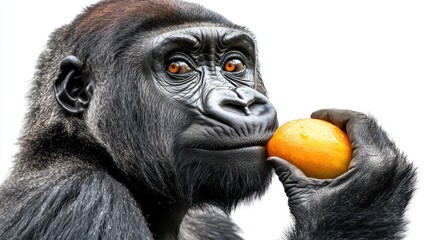 Fototapeta premium Gorilla Holding Orange Fruit with Intense Eyes on White Background