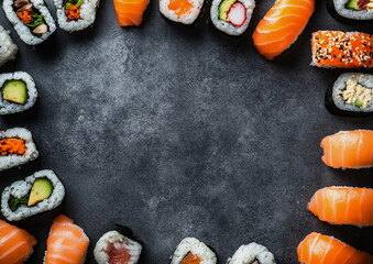 Assorted sushi on a stone background, top-down view with copy space. A visually appealing layout of sushi rolls and nigiri, emphasizing freshness, simplicity, and the essence of Japanese food.

