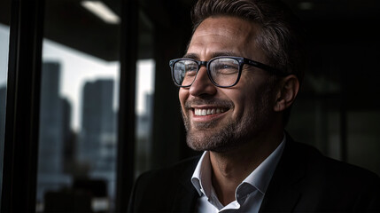 Fototapeta premium Smiling Professional Man in Office Environment Wearing Glasses