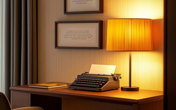 Cozy workspace featuring a vintage typewriter on a wooden desk with warm lighting and framed art
