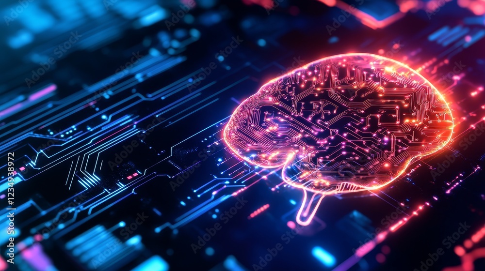 Poster abstract representation of a glowing brain with circuit patterns, symbolizing artificial intelligenc