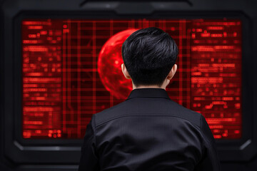 person in black shirt stands in front of large red digital screen displaying complex data and central circular graphic, suggesting futuristic or high tech environment