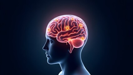 Viral meningitis conceptual art showing a glowing brain with viral swirls and inflammation.