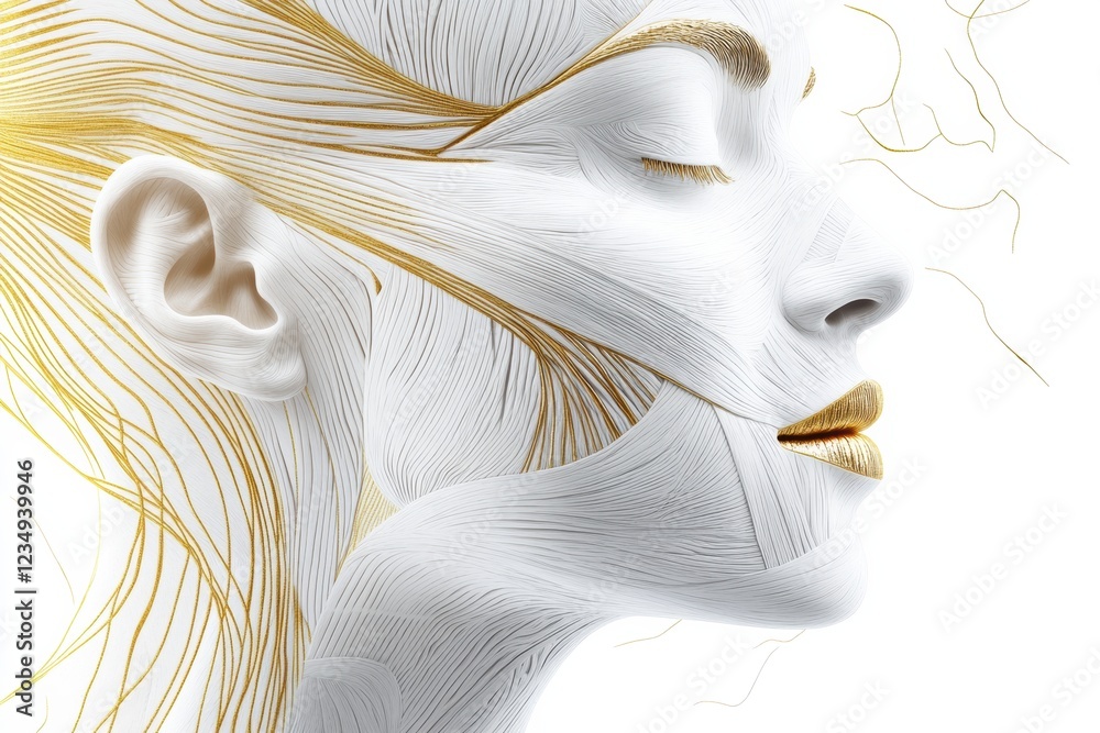 Poster in depth anatomical illustration of facial muscles highlighting contours and structure in a stylized