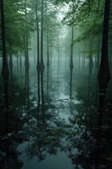 Serene misty forest reflection in calm water at sunrise for nature tranquility themes