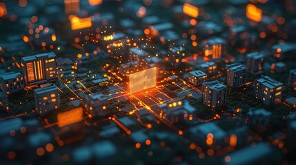 Smart city concept with 5G network nodes and data streaming between buildings, digital grid overlay 