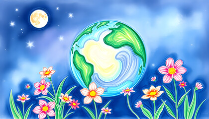 Fototapeta premium Planet earth and flowers. Spring has come to planet, crayon drawing, with white tones