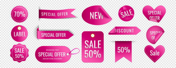 Sticker banner, shop tag. 3D ribbon label, sale special offer, new price badge design, pink promo. Paper different forms, discount icon. Sign best deal. Shopping marketing promotion. Vector element