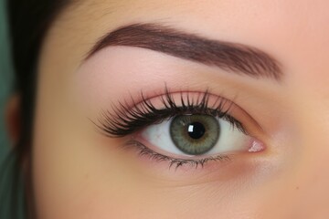 Obraz premium Close up of beautiful green eye with long eyelashes and perfect eyebrow makeup