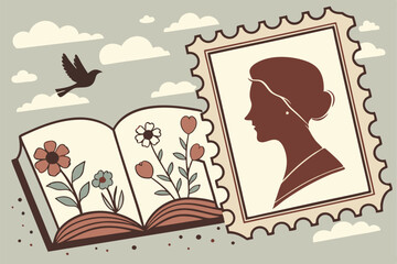 Vintage postage stamp with red heart, torn paper profile portrait, book with colorful flowers blooming, retro sky with fluffy clouds, paper cutout bird, collage art, mixed media, nostalgic, whimsical,