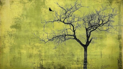 Lone bird on barren tree, textured background, nature art print