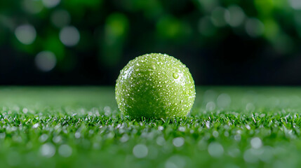 Dewy golf ball on green grass, bokeh background; sports imagery