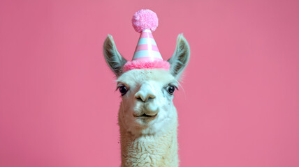 Llama in a pink party hat against a pink background. © pixelDrift